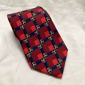 👔Gucci👔 Red, Blue and Gold Silk Tie, with Horse Bit Pattern, Made in Italy
